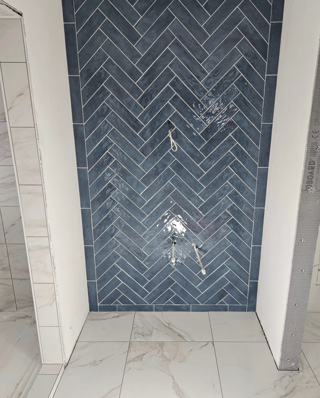 Blue Porcelain Herringbone Feature Wall
